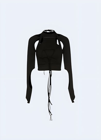 Front view of a techwear lace-up crop top, emphasizing its cutting-edge aesthetics and advanced materials for women embracing futuristic style in the UK.