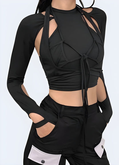 Edgy techwear lace-up crop top, combining modern style with innovative design for fashion-forward women in the UK.