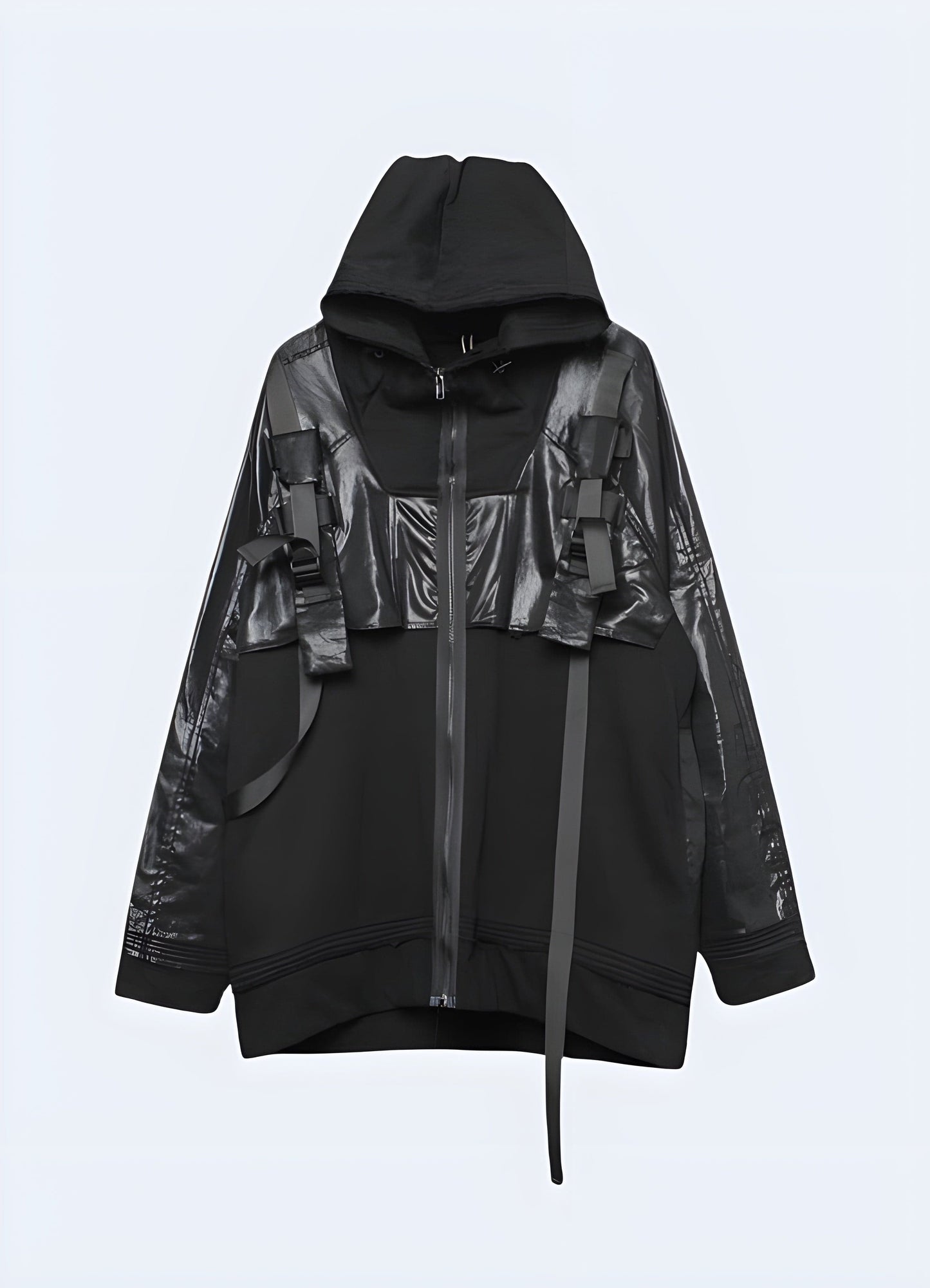 Front view of a futuristic techwear leather jacket, highlighting its innovative design and high-tech materials, ideal for UK consumers seeking a statement piece.