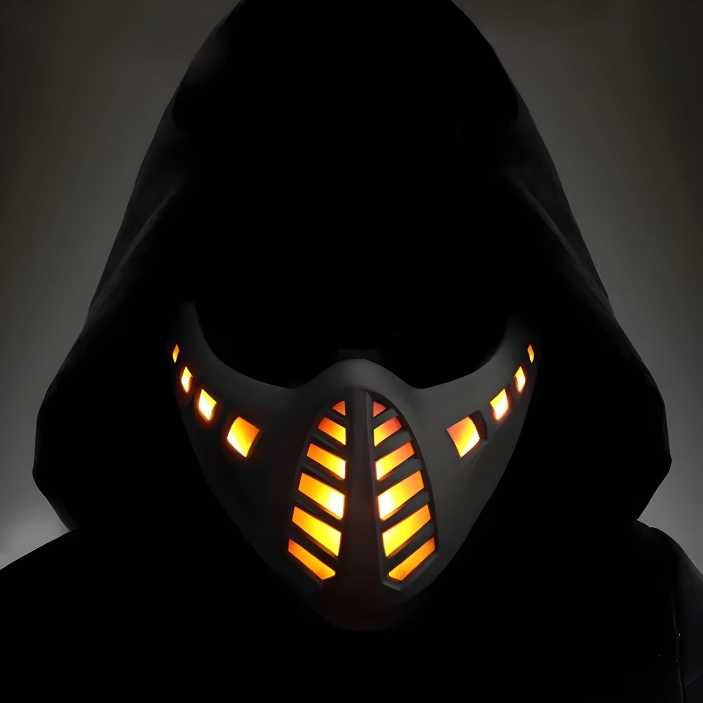 Front side view of techwear LED mask showcasing its illuminated display and modern aesthetics. Perfect for enhancing your futuristic look.