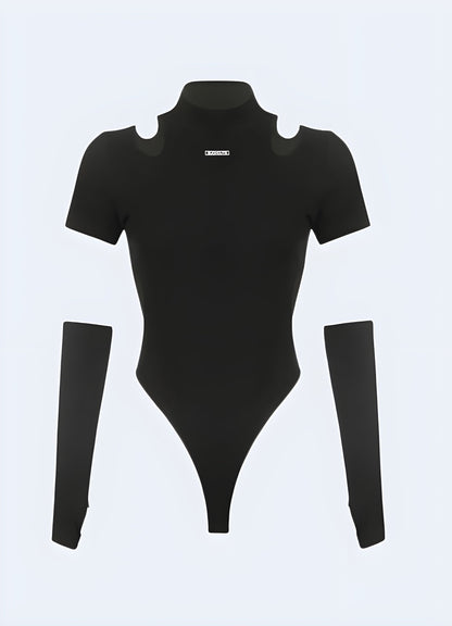 Innovative black techwear leotard with unique design features, ideal for UK fashion enthusiasts seeking cutting-edge urban wear.