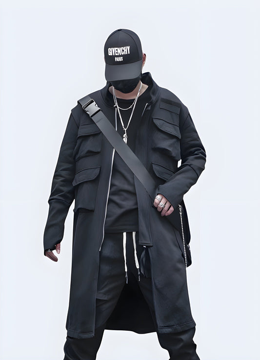 Cutting-edge techwear long coat with innovative features, perfect for urban style in the UK.