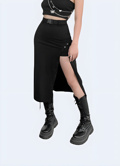 Front view of a techwear long skirt for women, highlighting its sleek silhouette and practical features for a fashionable and functional outfit in the UK techwear scene.