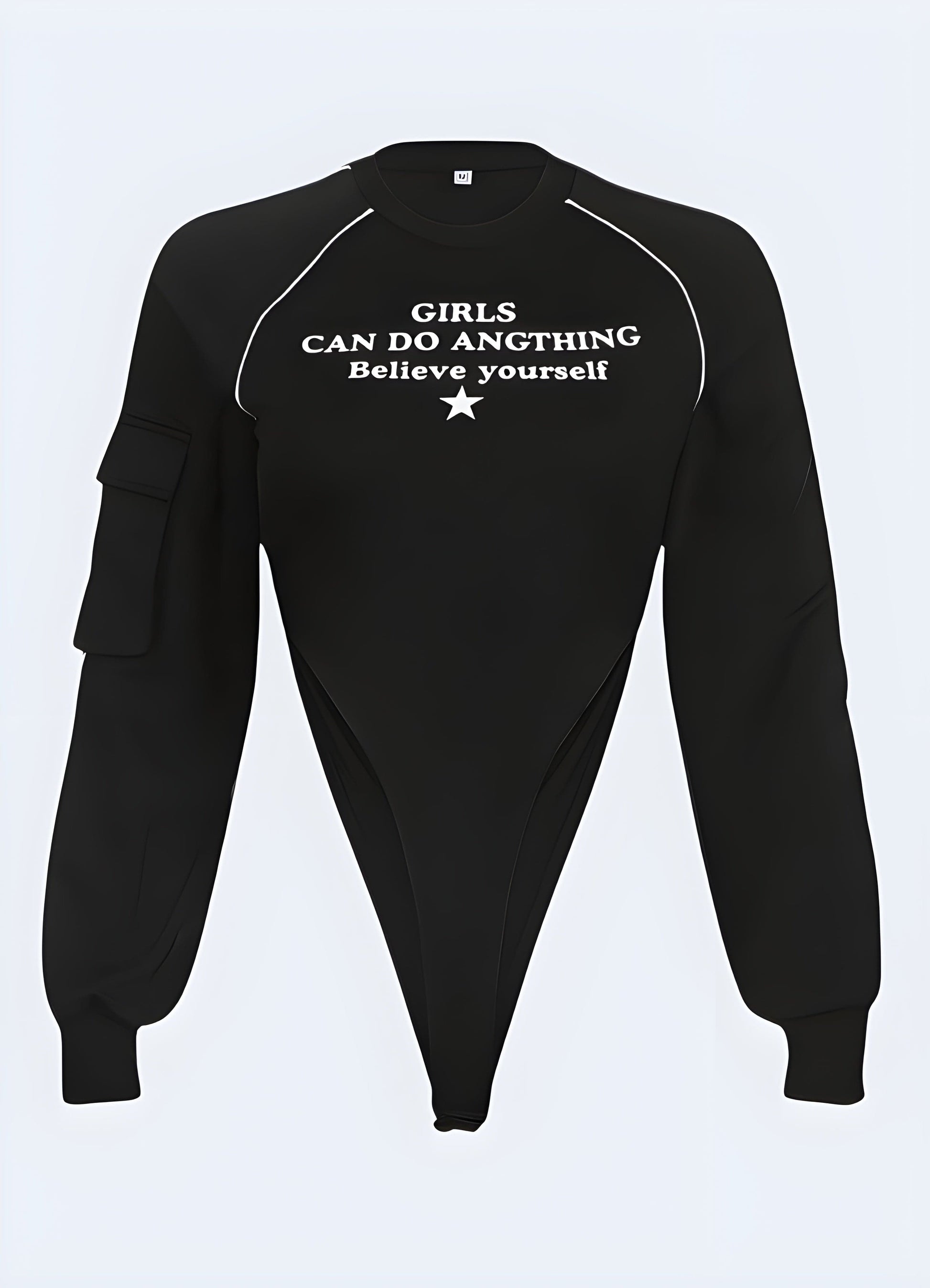 Innovative black techwear long-sleeve bodysuit, perfect for UK urban explorers seeking stylish and functional apparel.