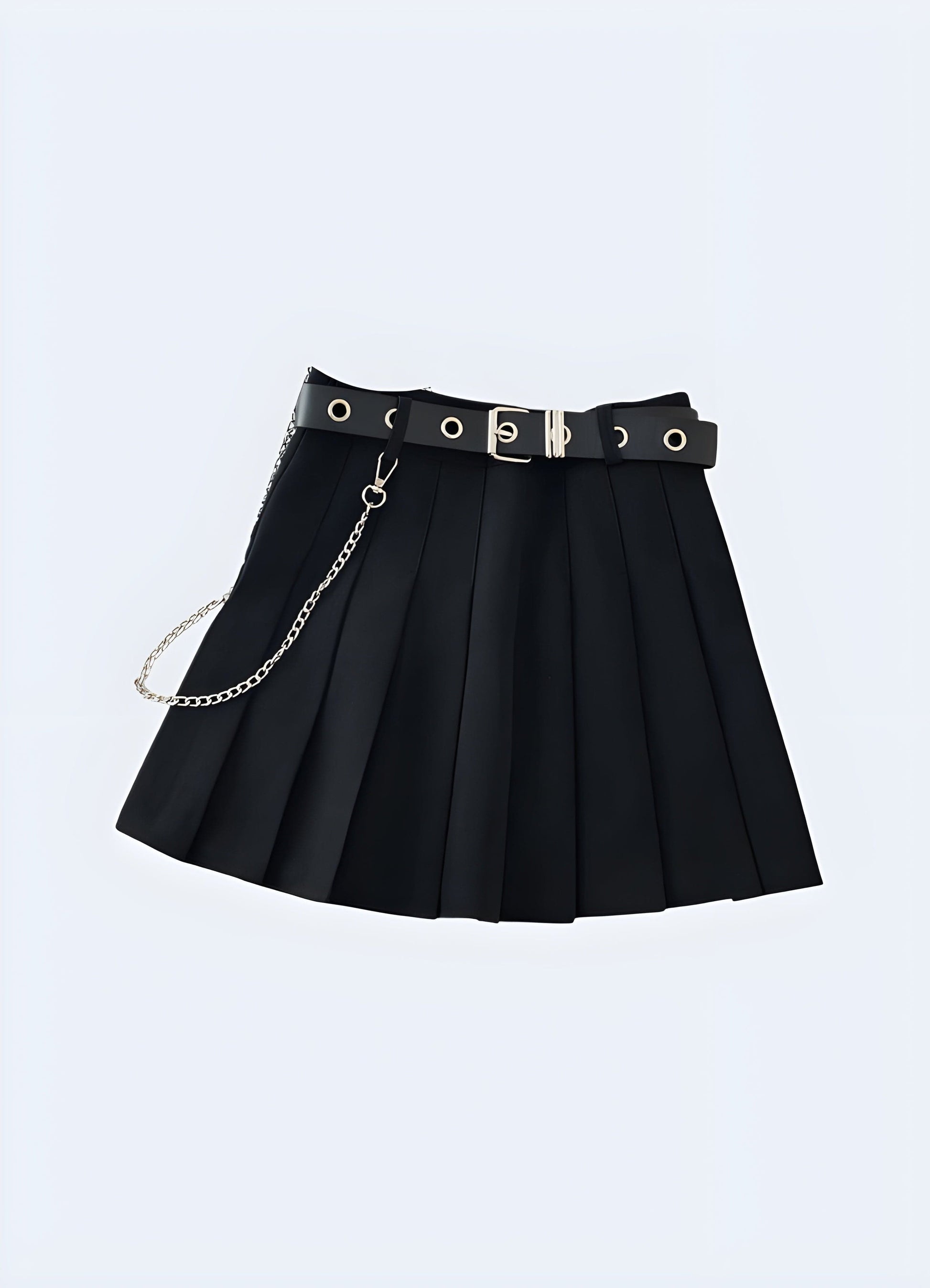 Black techwear mini skirt front view, showcasing the classic color choice and cutting-edge design, perfect for those seeking a statement piece in their wardrobe.