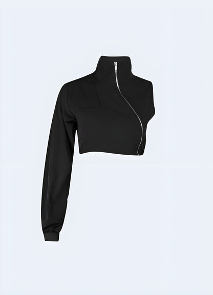 Front view of a techwear one-sleeve jacket with a zipper, highlighting its avant-garde aesthetics and high-quality construction for a standout fashion statement in the UK techwear community.