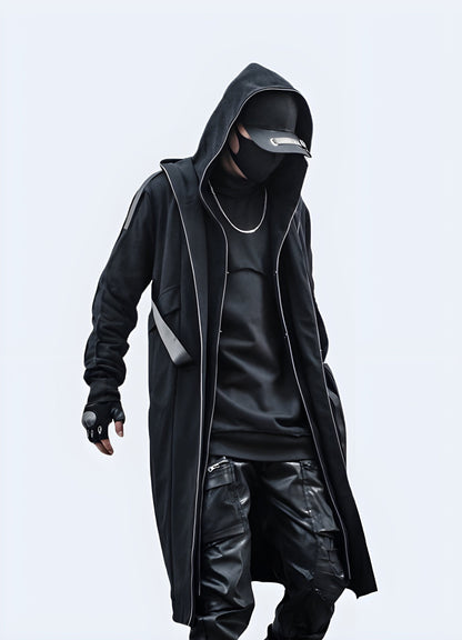 Innovative techwear overcoat designed for urban explorers and fashion enthusiasts in the UK, offering a perfect blend of style, functionality, and protection.