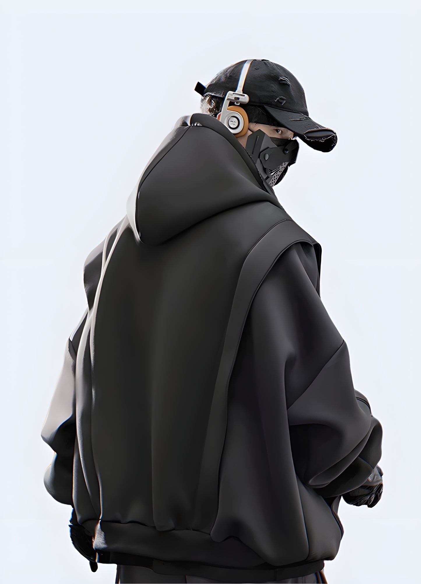 Back side view of a techwear oversized women's hoodie, highlighting its relaxed fit and modern style for UK women.