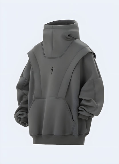 Front side view of an oversized techwear women's hoodie in the UK.