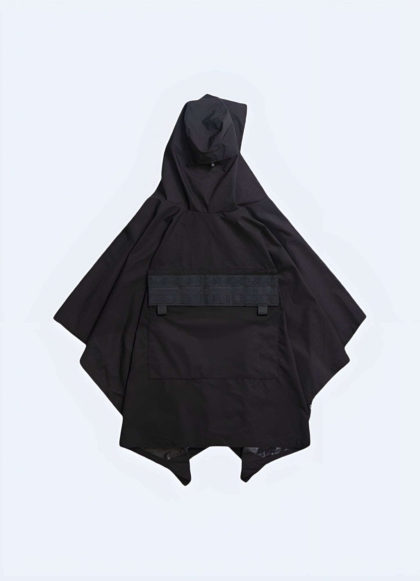 Back view of a techwear poncho, highlighting the waterproof and breathable materials, ideal for staying protected and stylish in the UK weather.