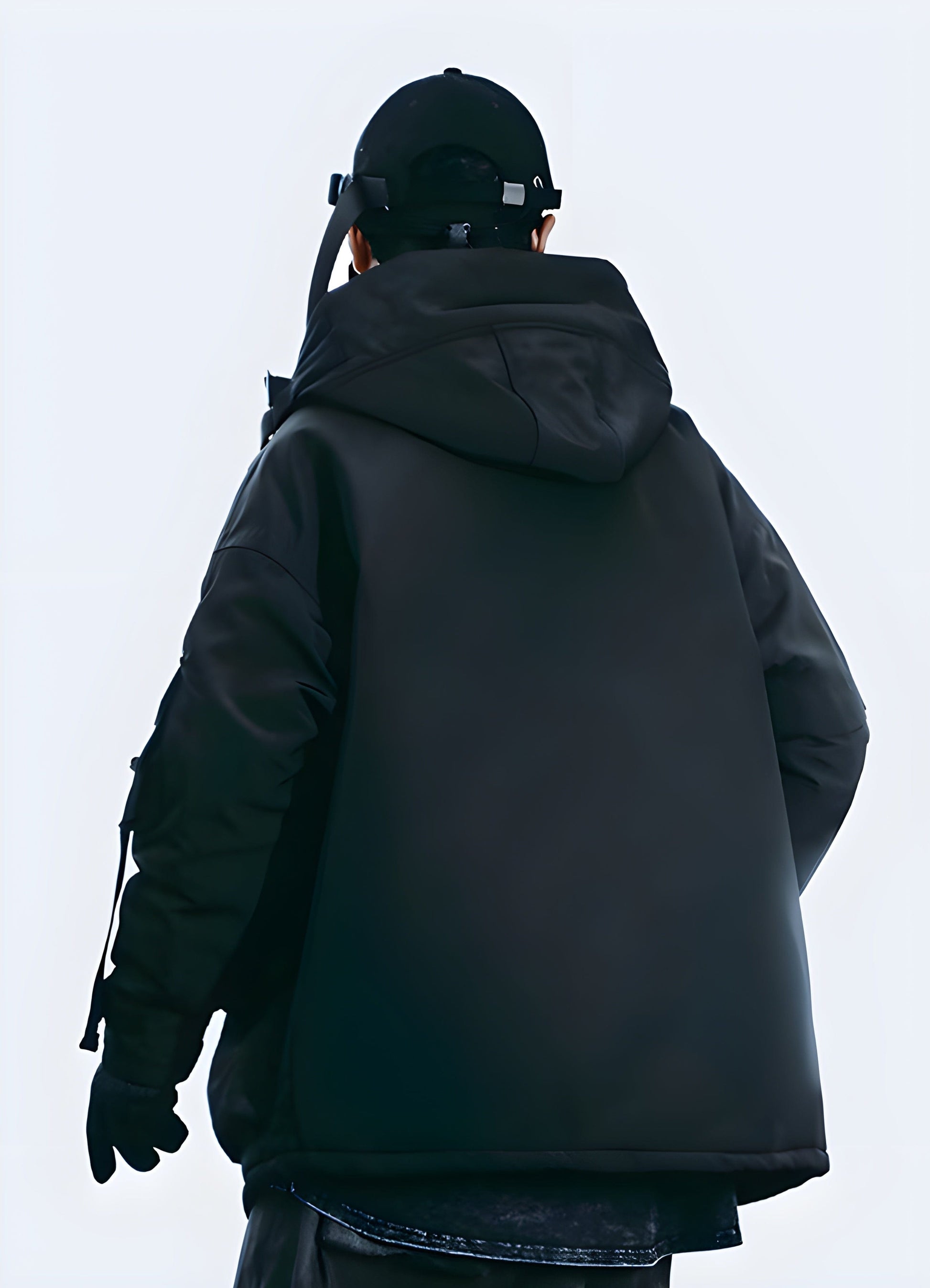 Back view of an ultra-lightweight techwear raincoat, designed to provide exceptional comfort and mobility for active individuals in the UK.