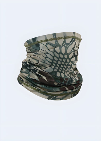 A unique green techwear scarf displayed in a front view, featuring intricate patterns and a contemporary look in the UK.