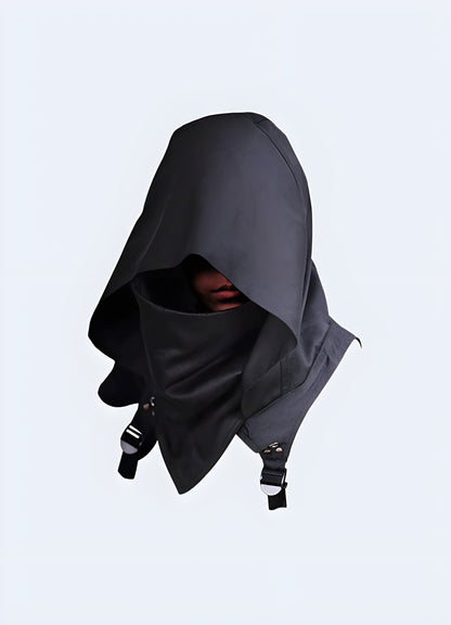 A black techwear scarf with a hood, perfect for adding a futuristic edge to your outfit in the UK.