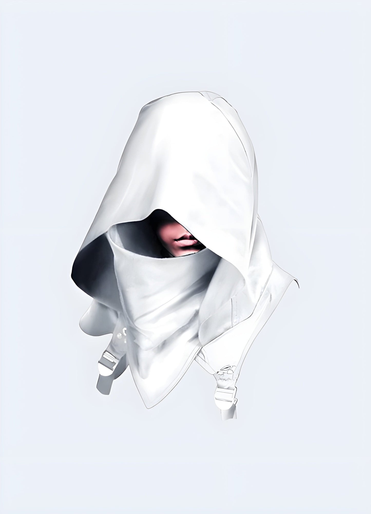 A white techwear scarf with a hood, offering a clean and modern look for techwear enthusiasts in the UK.