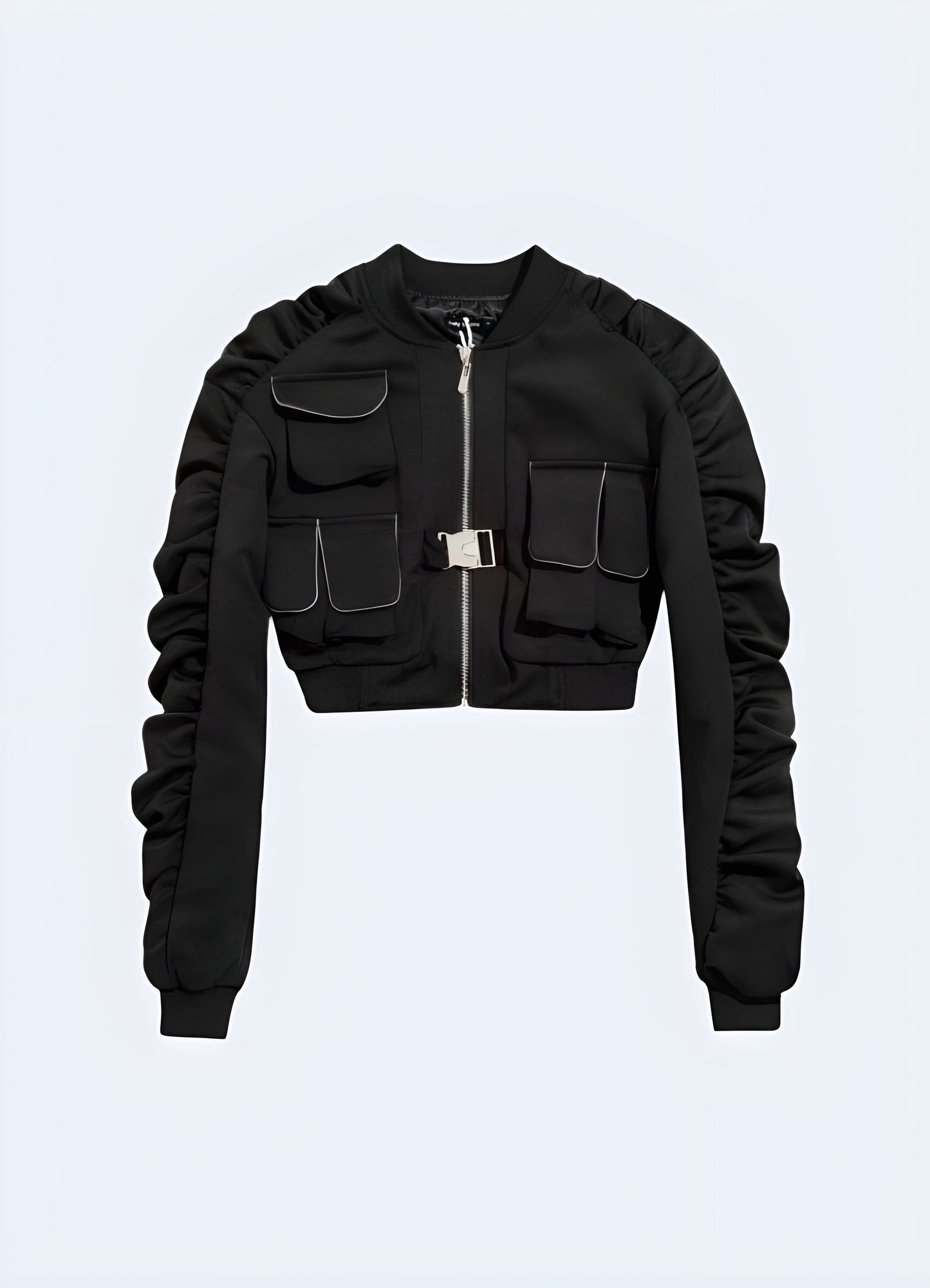 Front view of a techwear short zip-up jacket for women, emphasizing its contemporary aesthetics and advanced materials for fashion-forward women in the UK.