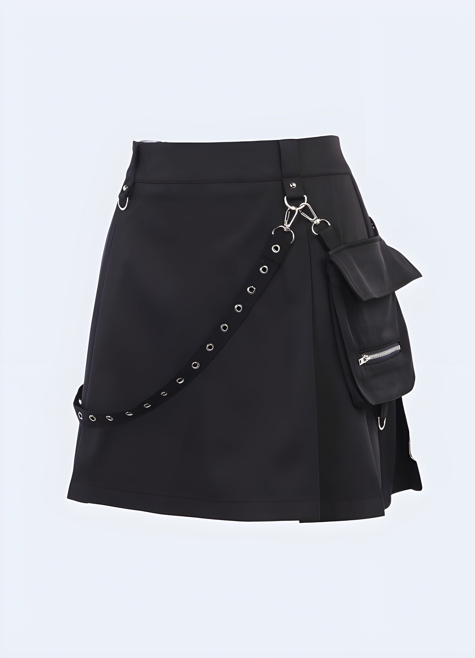 Front view of a techwear skirt, emphasizing its sleek aesthetics and high-tech construction for a futuristic and stylish appearance in the UK techwear community.