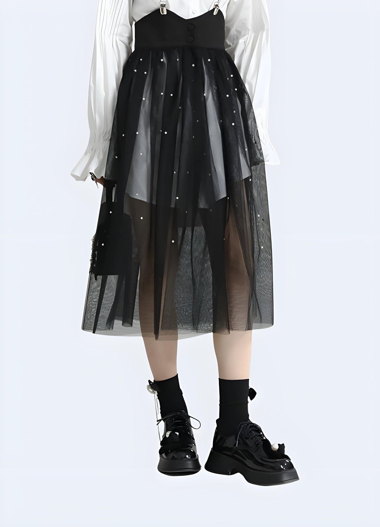 Techwear skirt with mesh panels combining functionality and edgy style, perfect for fashion-forward individuals seeking a unique and modern look.