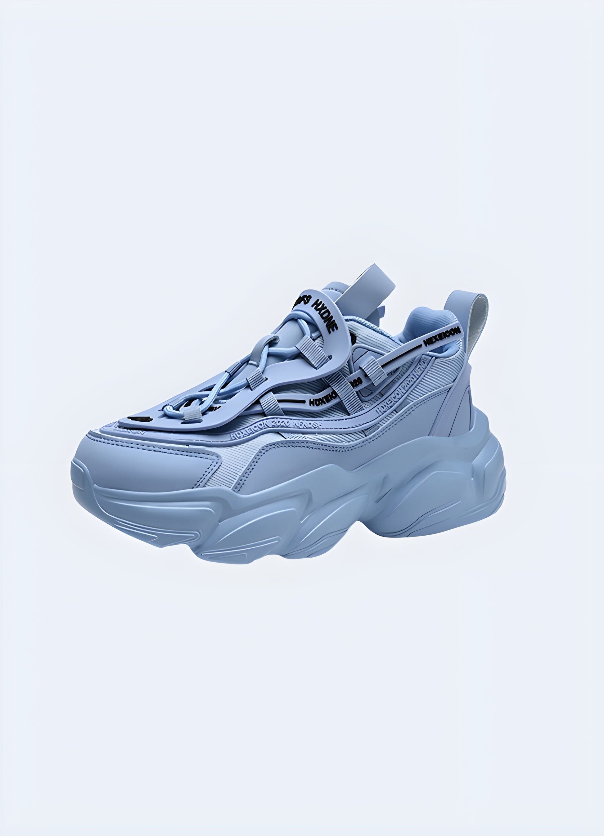 Eye-catching blue techwear sneakers with a modern silhouette, captured from the side on a model.