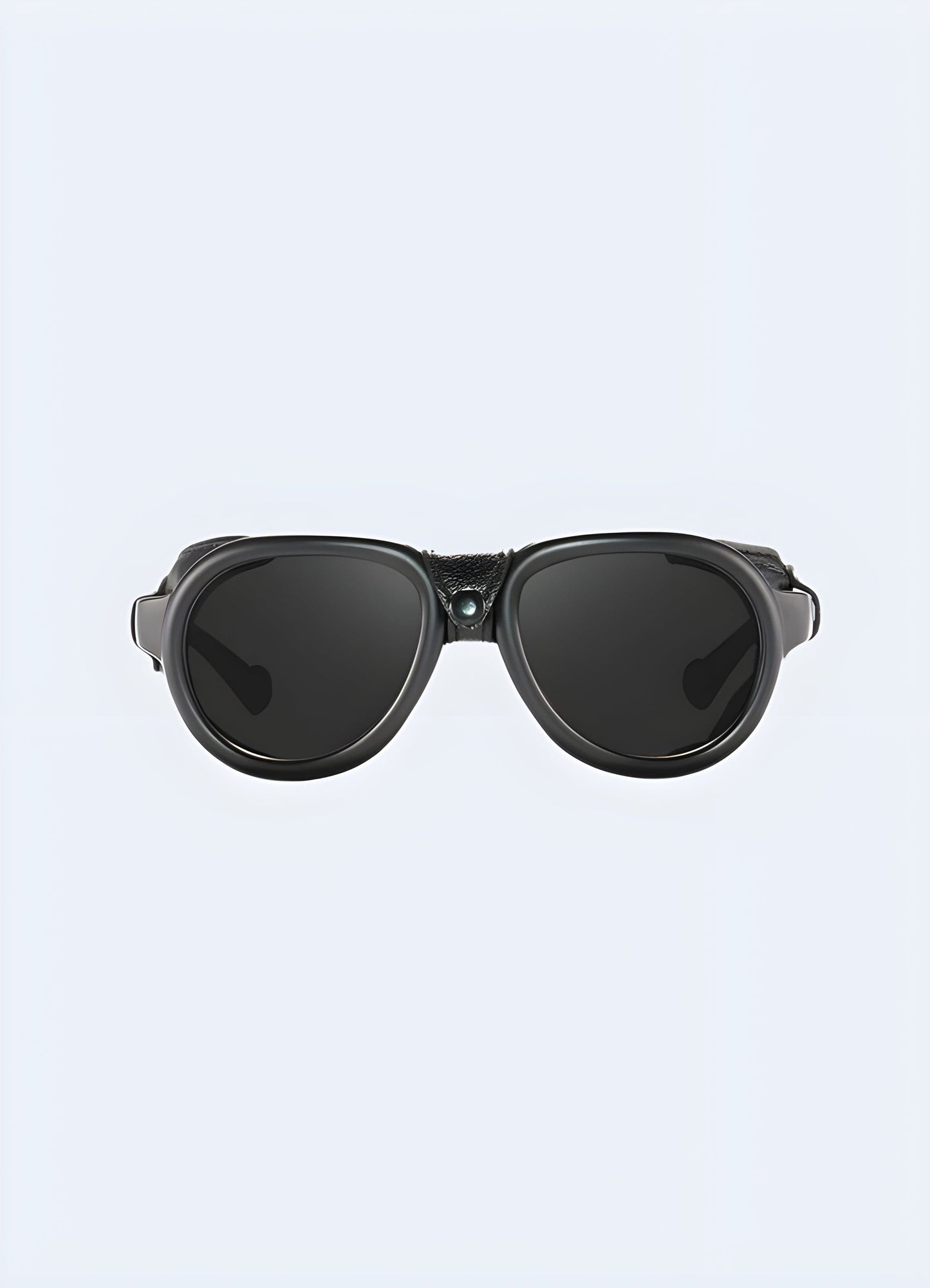 Front view of black techwear sunglasses, showcasing their minimalist design and modern aesthetic, available in the UK.