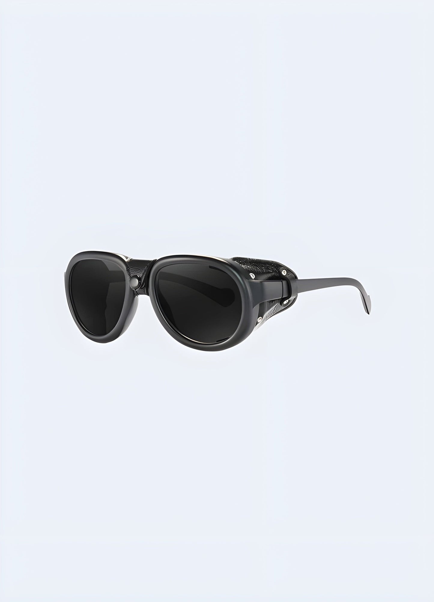 Front side view of techwear sunglasses, highlighting their sleek design and futuristic style, available in the UK.