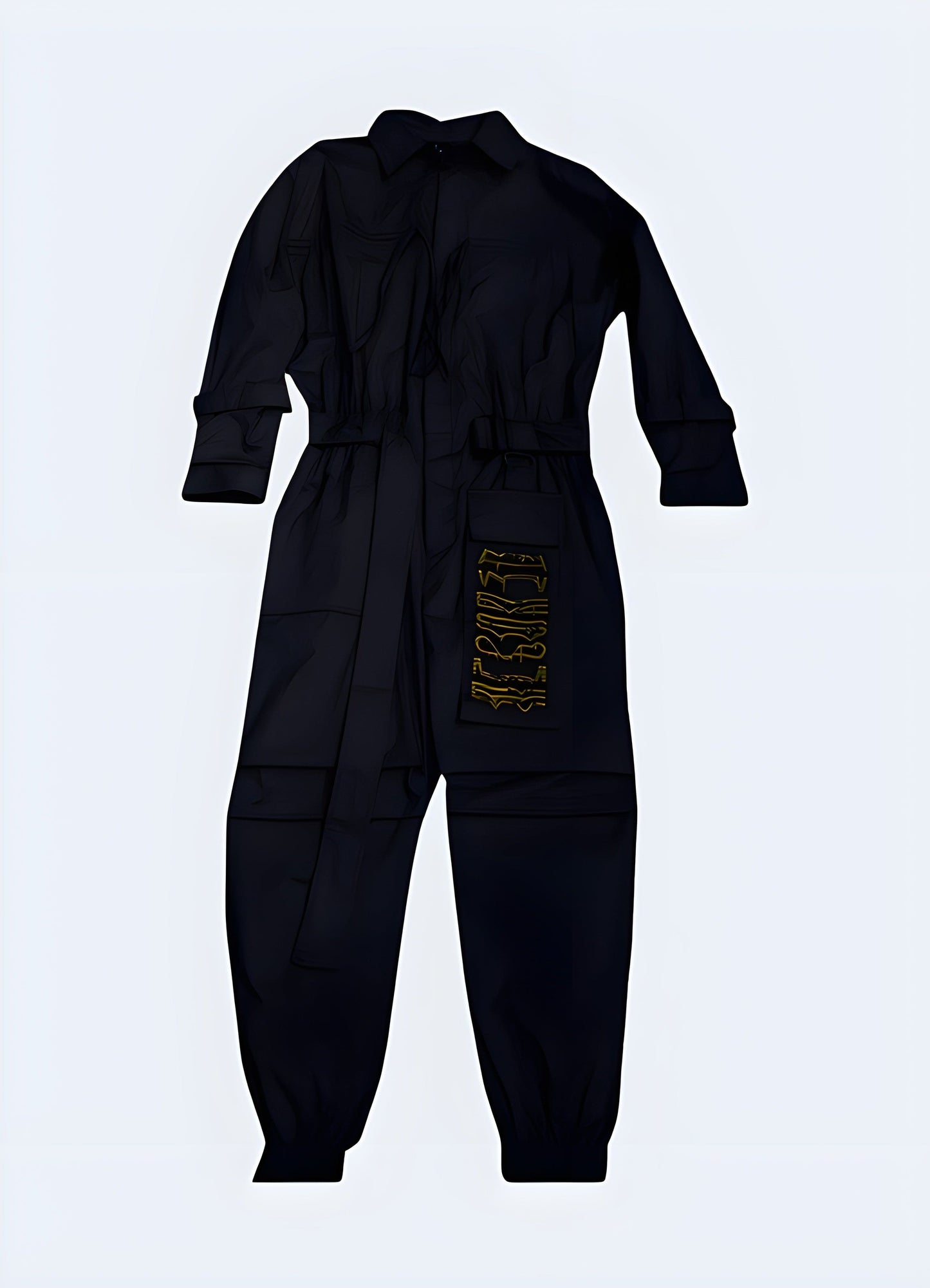 Front view of a black techwear tracksuit, highlighting the cutting-edge design and functionality suitable for both sports and urban fashion in the UK.