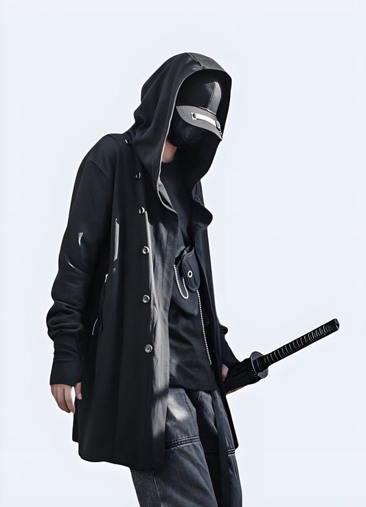 Innovative techwear trench coat designed for urban explorers and fashion enthusiasts in the UK, combining style, functionality, and durability.