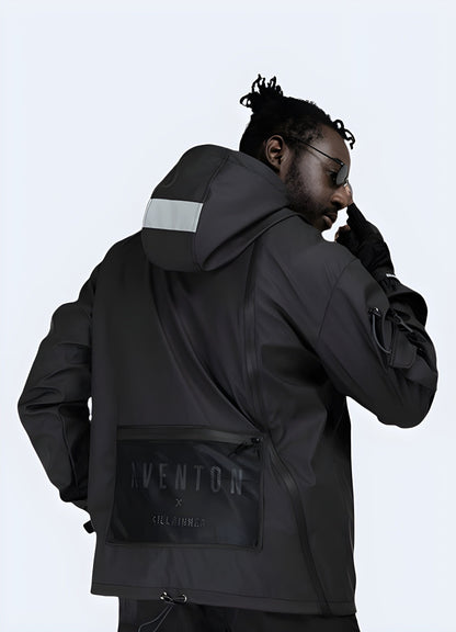 Back view of a man wearing a black techwear windbreaker, showcasing its technical design and functionality in the UK.