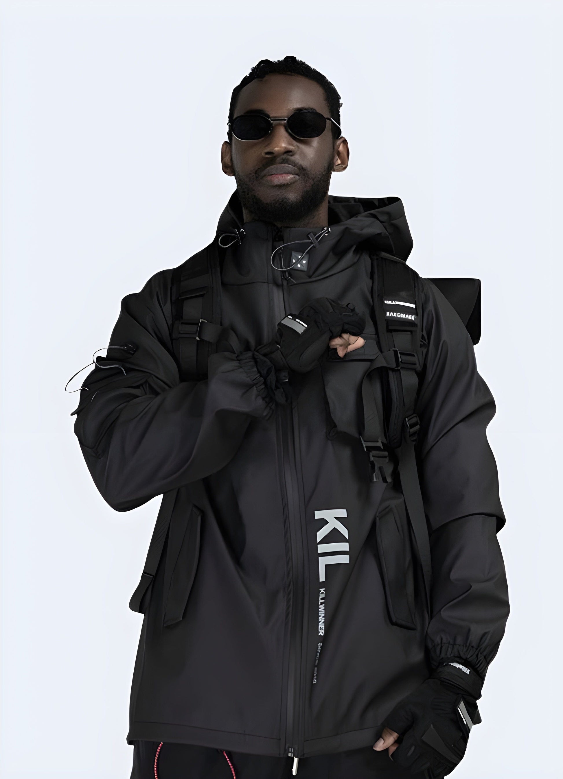 Techwear with this sleek and futuristic windbreaker front view.