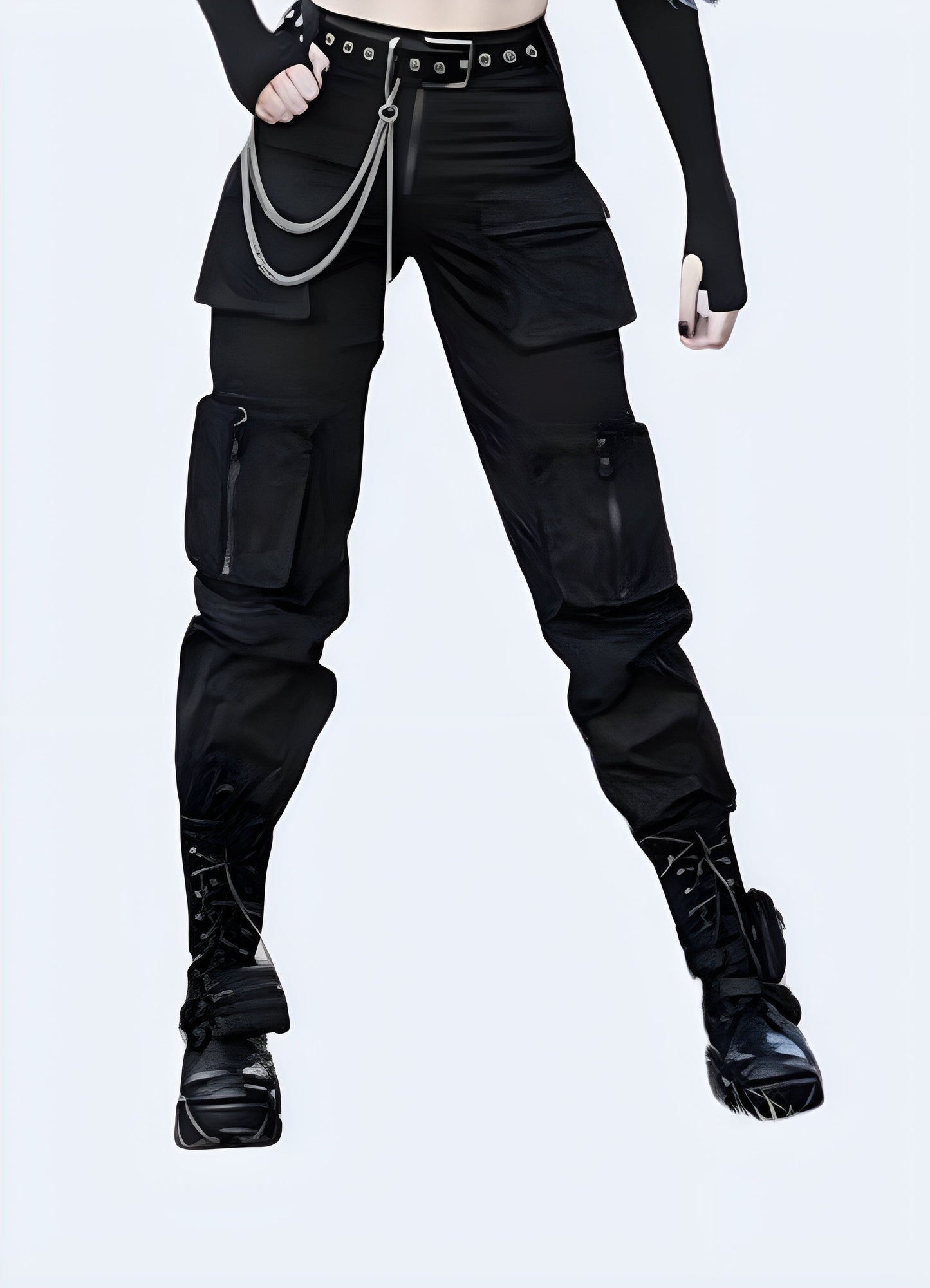 Front view of a woman wearing black techwear stretch tactical pants, showcasing the slim fit and functional design for urban exploration in the UK.