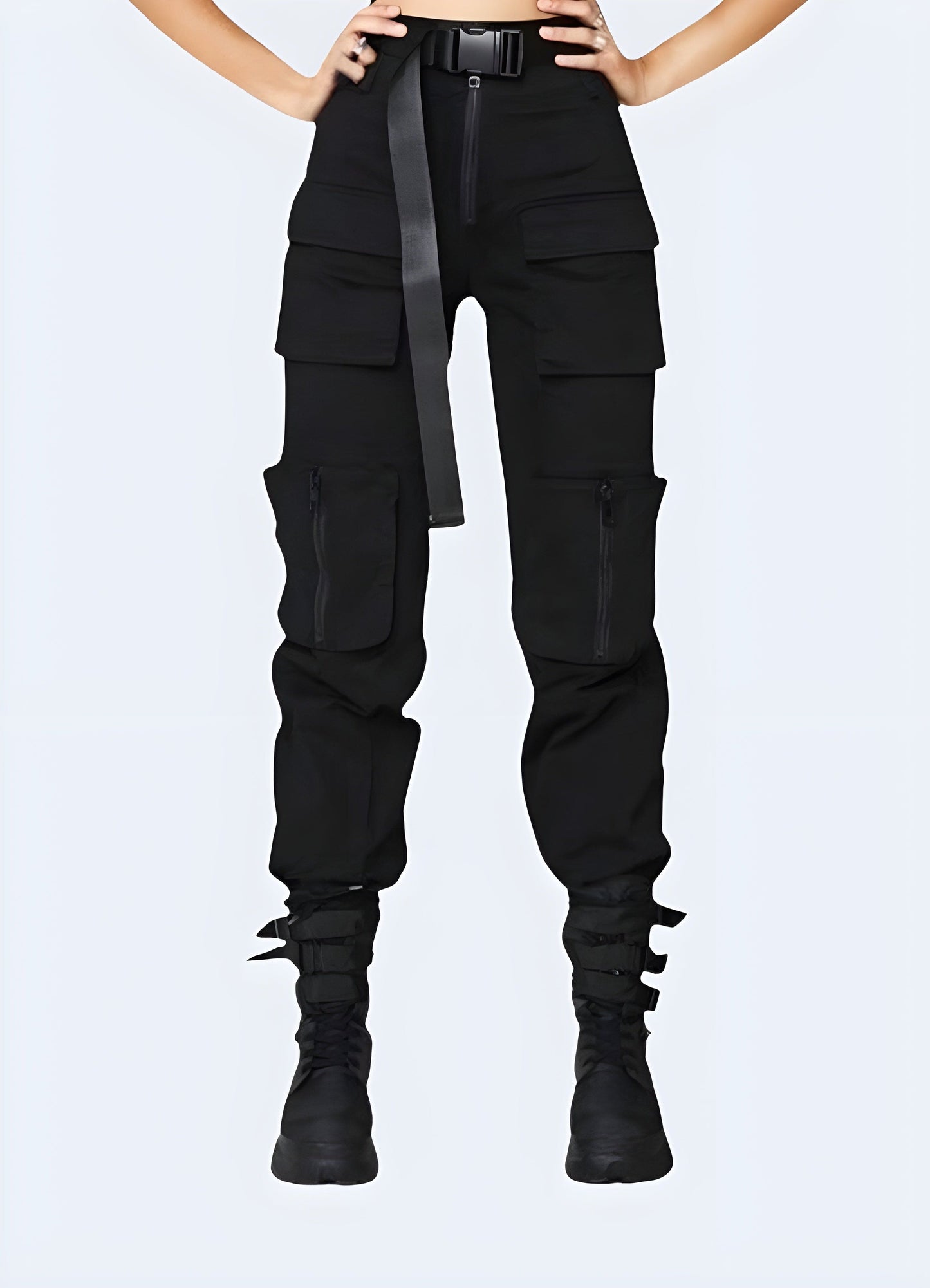 Women modeling black techwear stretch tactical pants, featuring a sleek design and comfortable fit for urban exploration and everyday wear in the UK.