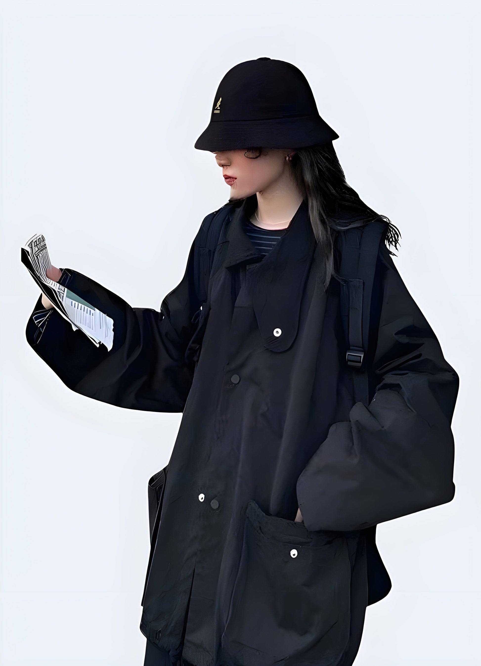 Stylish black techwear jacket for women with multiple functional pockets, ideal for urban exploration and everyday wear in the UK.