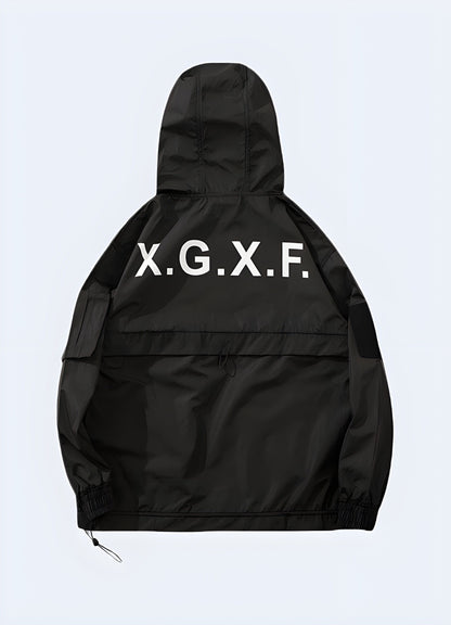 Back view of the XGXF techwear jacket, highlighting its multiple pockets and contemporary design, suitable for the UK urban fashion landscape.