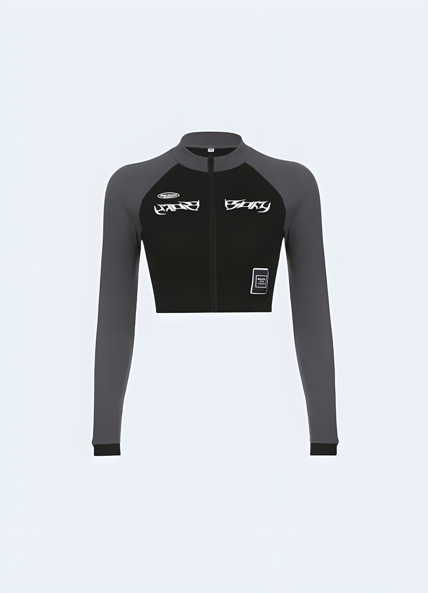 Front view of a tight techwear crop top, highlighting its innovative materials and modern aesthetics for fashion-forward individuals in the UK.