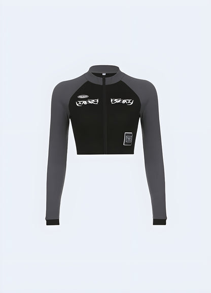 Front view of a tight techwear crop top, highlighting its innovative materials and modern aesthetics for fashion-forward individuals in the UK.