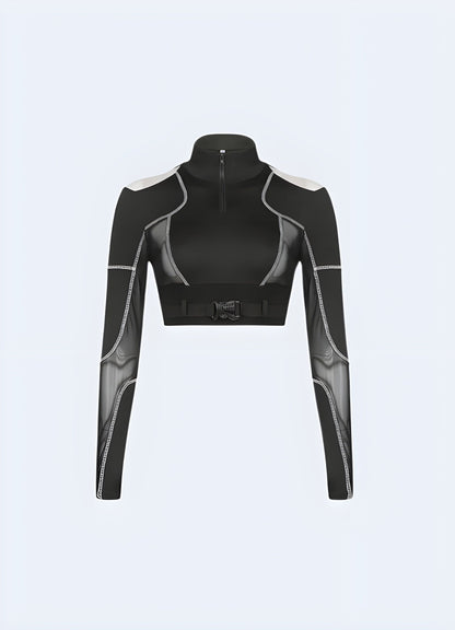 Front view of a tight techwear crop top, highlighting its innovative materials and modern aesthetics for fashion-forward individuals in the UK.