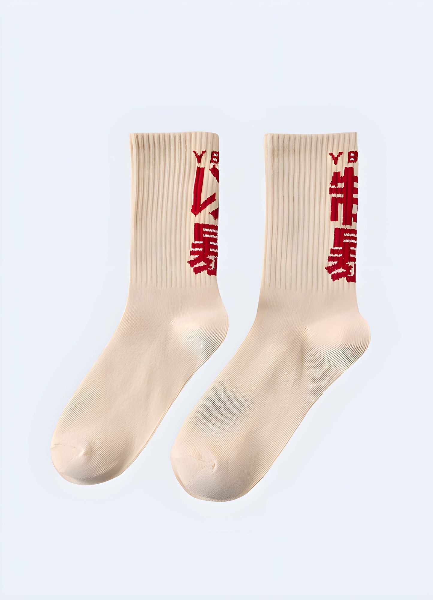 Beige Tokyo street socks showcased from the side view, highlighting the intricate patterns and high-quality materials that appeal to UK fashion enthusiasts.