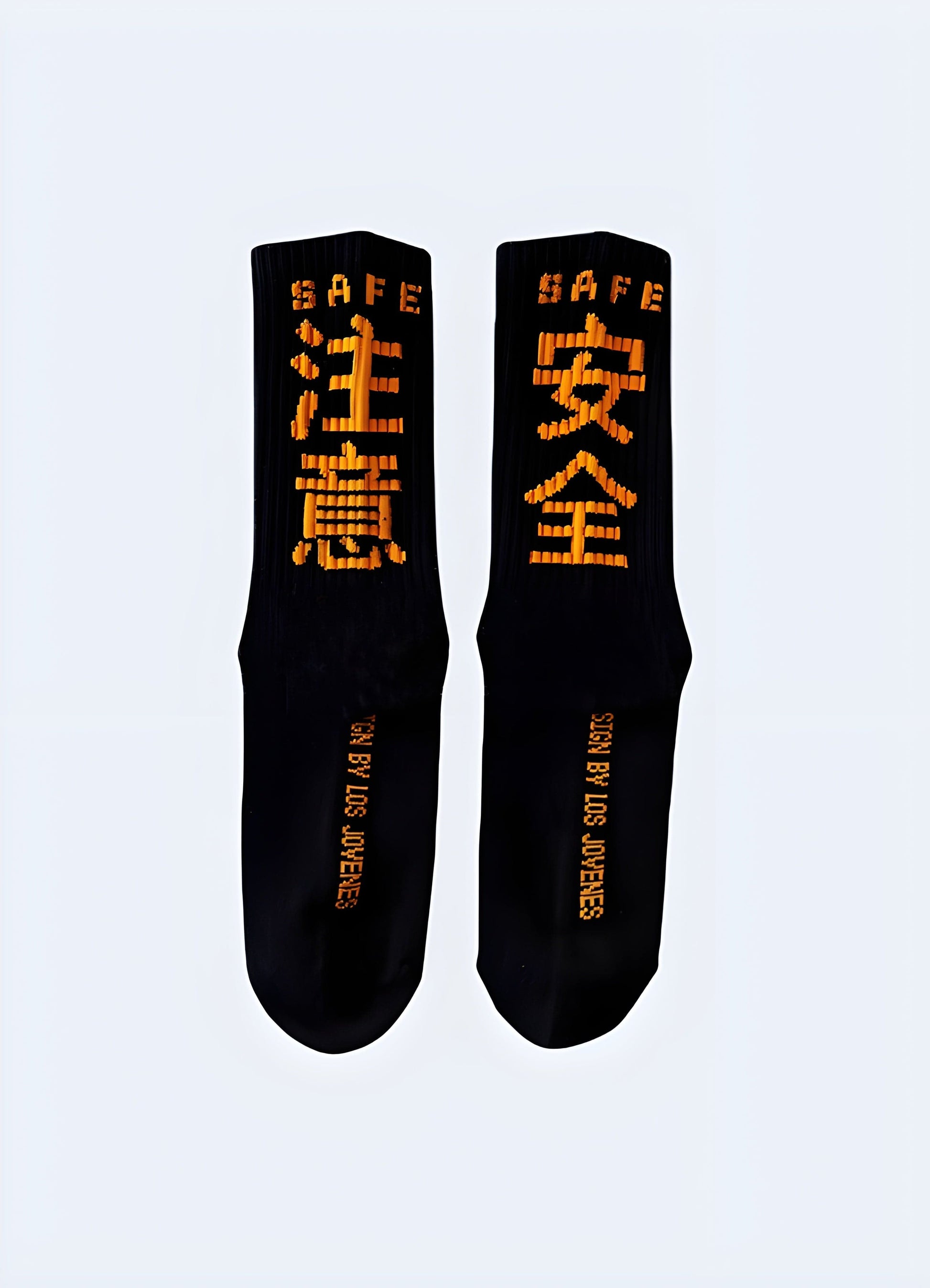 Black Tokyo street socks presented from the back and side view, showcasing the edgy and stylish design inspired by Tokyo's fashion scene, ideal for UK streetwear enthusiasts.