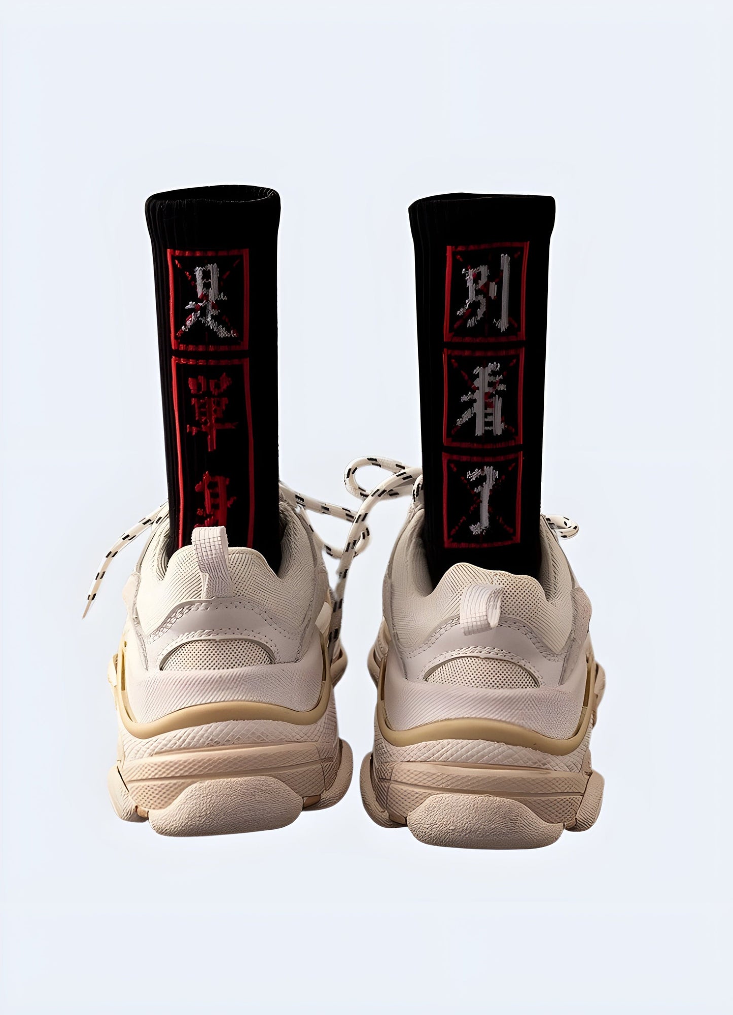 Black Tokyo street socks modeled on feet, highlighting the trendy design and comfortable fit that caters to the style preferences of UK fashion-forward individuals.