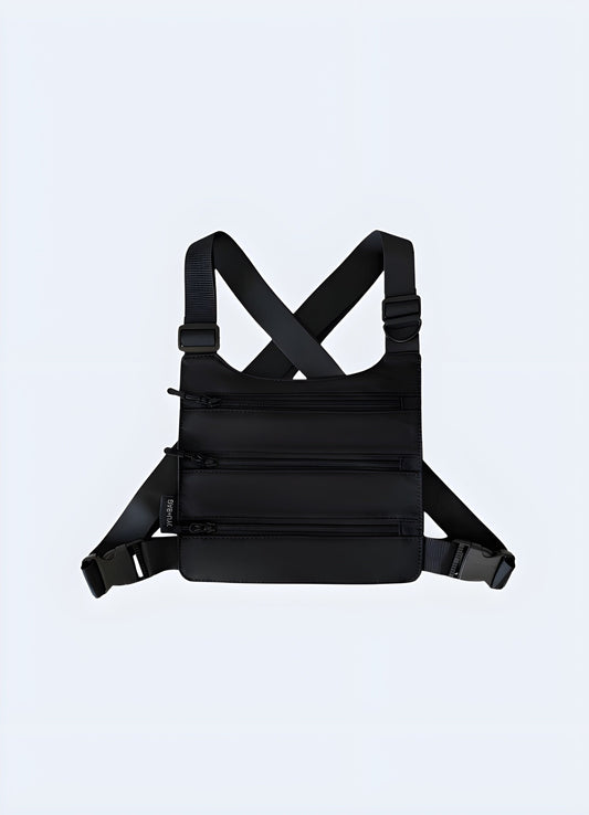  Tri-strap chest bag with innovative design, ideal for versatile use in the UK.