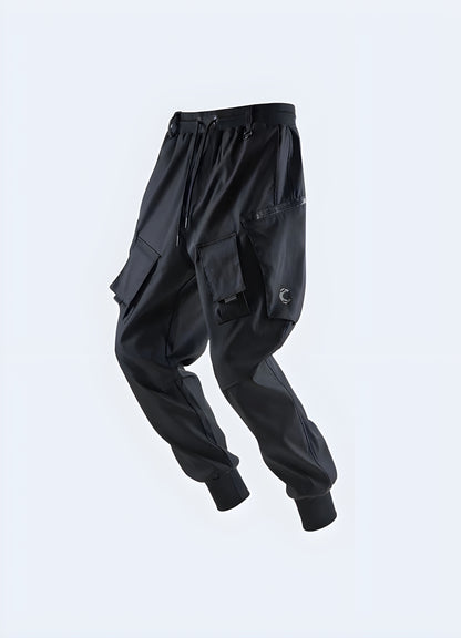 Trendy futuristic cargo pants for men with utility pockets and sleek design, front view, UK style.