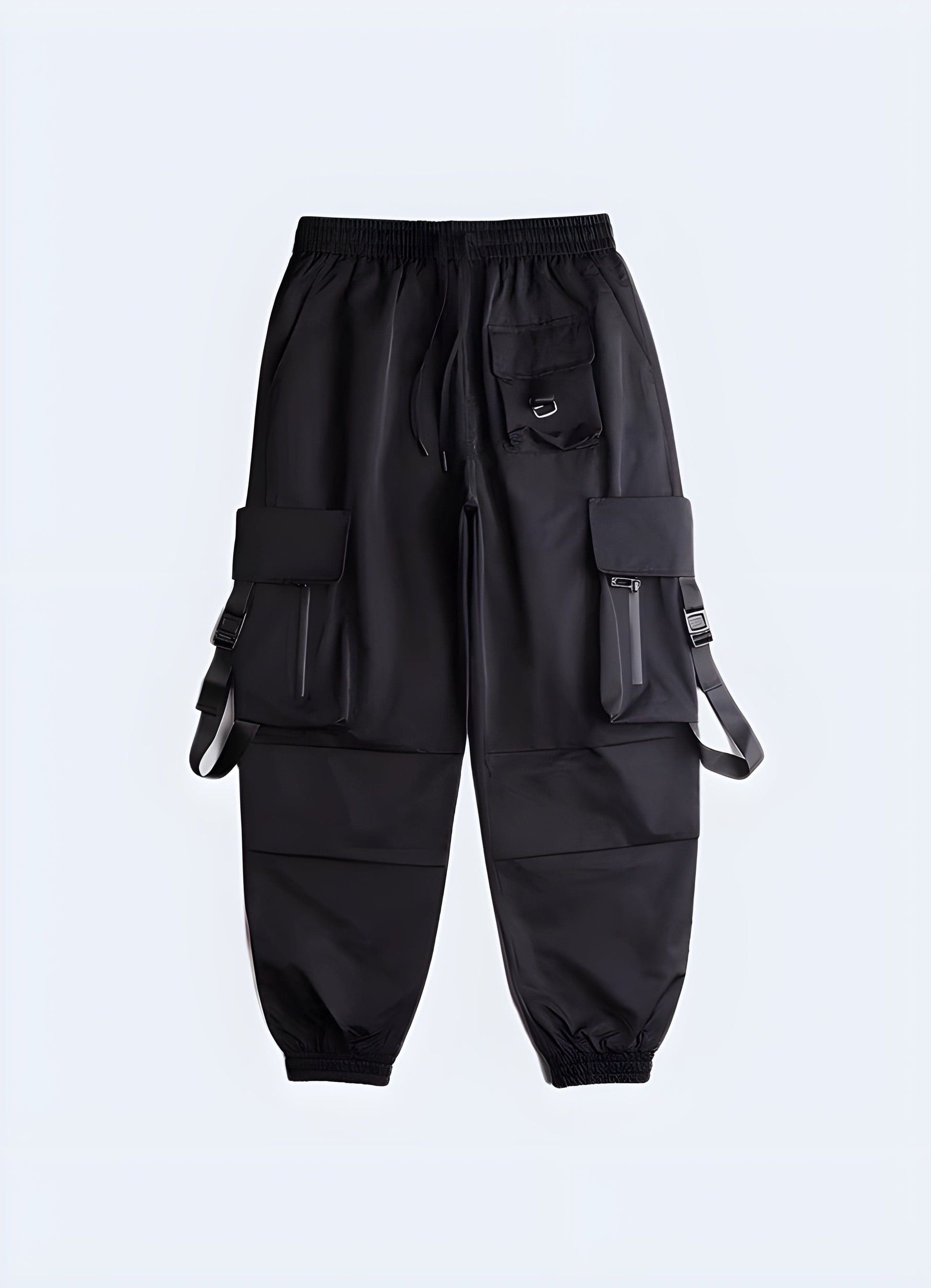 Black Japanese techwear cargo pants with functional pockets and technical design, front view, suitable for UK streetwear.