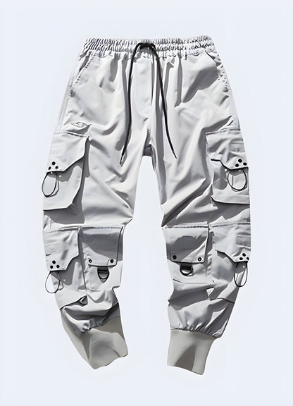 Front view of trendy grey urban jogger pants, emphasizing the garment's modern aesthetics and versatile color, perfect for fashion-conscious consumers in the UK.