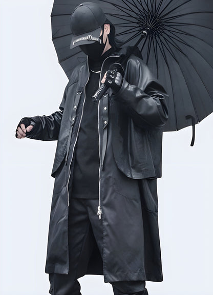 Front side view of an urban streetwear-inspired trench coat, highlighting its innovative design, high-quality materials, and fashion-forward details, ideal for style-conscious individuals in the UK's urban scene.