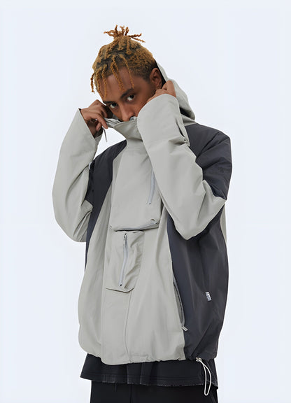 Side view of a model wearing a streetwear windbreaker, emphasizing its versatile style and practical features, perfect for UK's unpredictable weather and everyday urban adventures.