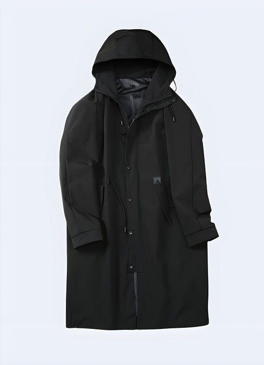 Front view of a versatile techwear trench coat, ideal for adapting to various weather conditions and fashion needs in the UK.