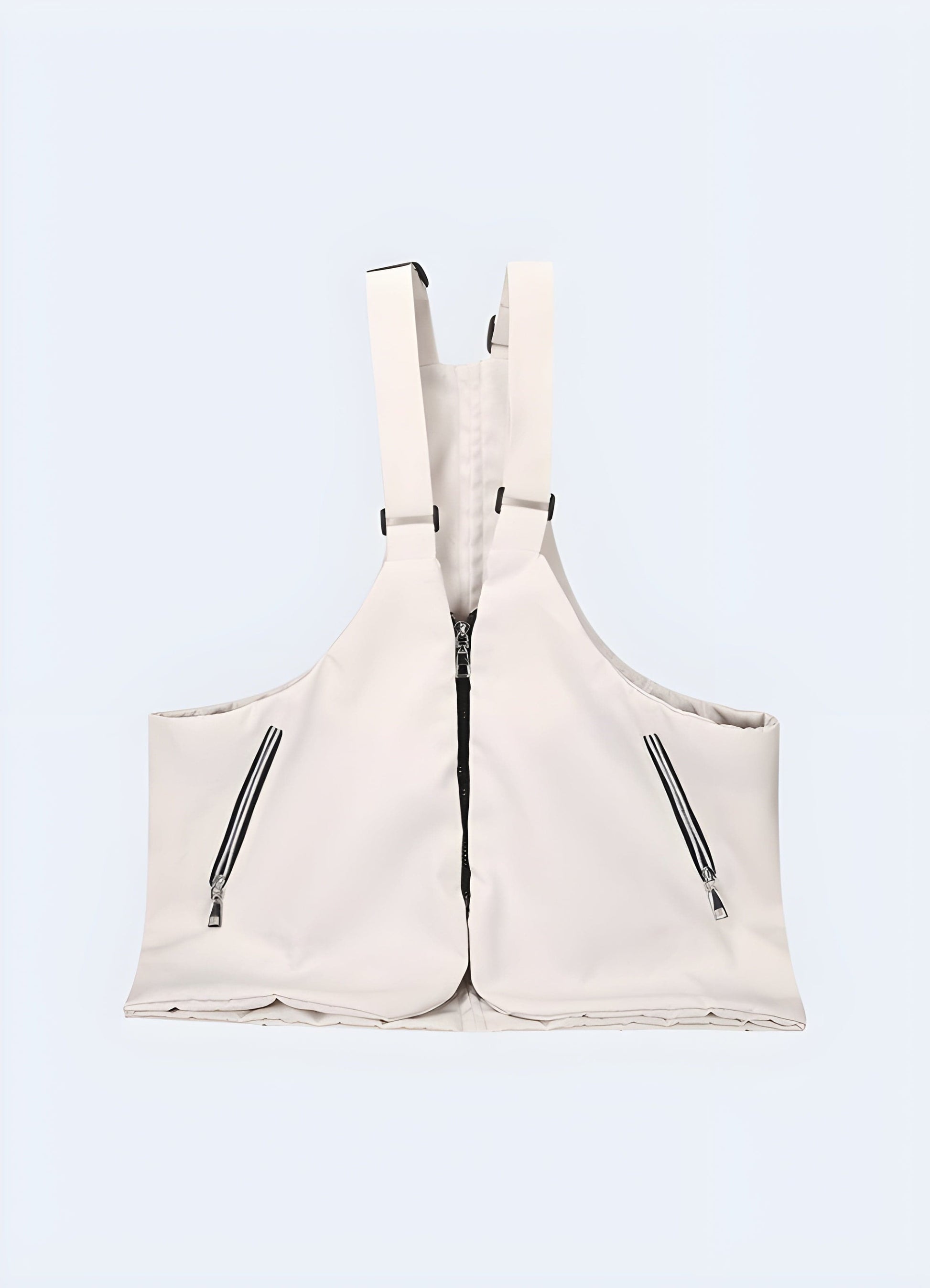 White vest chest bag front view with model, UK. Stylish and versatile.