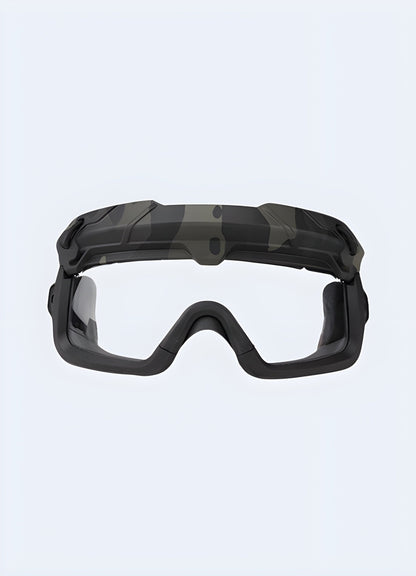 Warcore glasses in camo design viewed from the front, showcasing a rugged and tactical look, available in the UK.