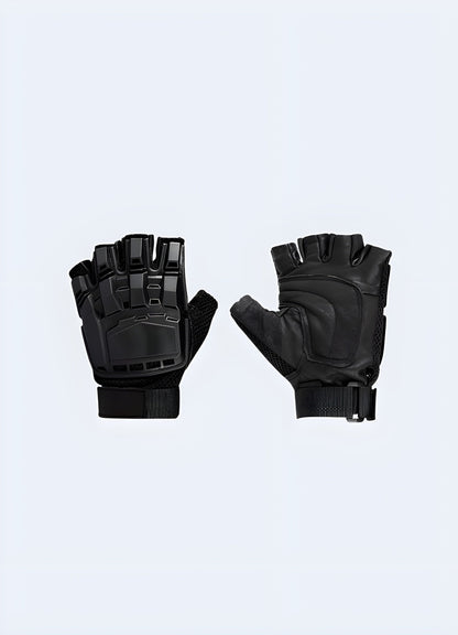 The front view shows durable green gloves with hard knuckle protectors, reinforced finger padding, and textured palm surfaces for better grip. 