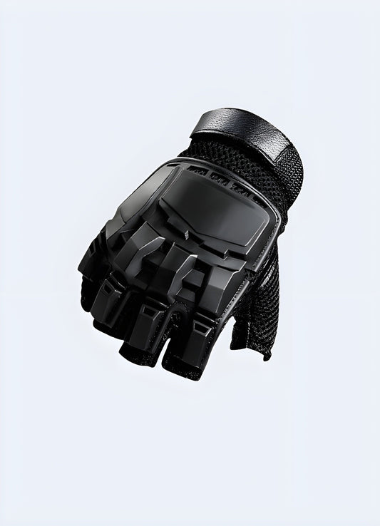 A front view of a man in the UK wearing full finger Warcore gloves, designed for outdoor activities with a washable feature and unisex leather material.