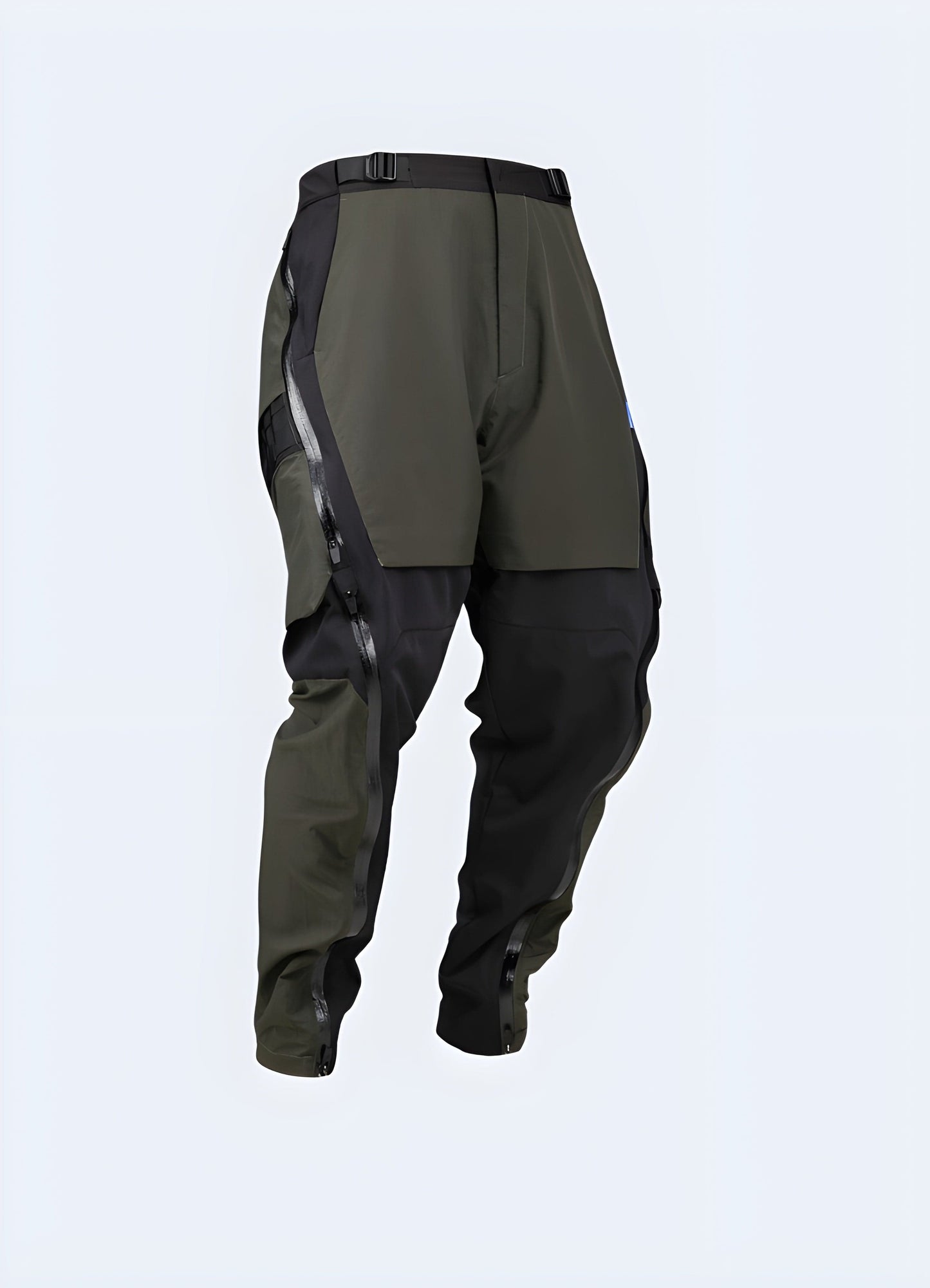 Front and side view of waterproof cargo pants, showcasing the practical design, protective coating, and versatile style suitable for various outdoor activities and weather conditions.